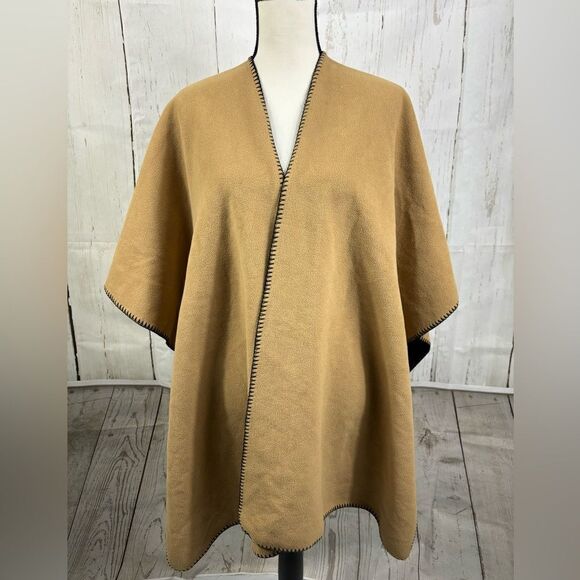 Fleece Poncho Kimono Fleece Open Front Reversible Black Camel - Picture 2 of 5
